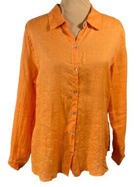 C & C California Shirt Linen Button Front Orange Size M Medium Long Sleeve